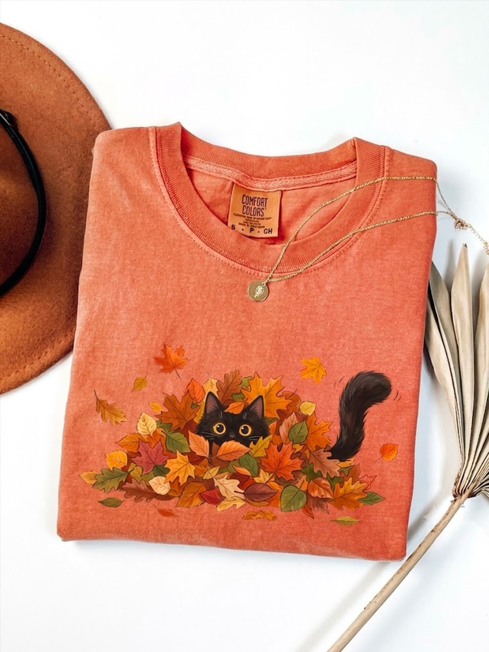 Fall Black Cat Autumn Leaves Orange Comfort Colors T-Shirt
